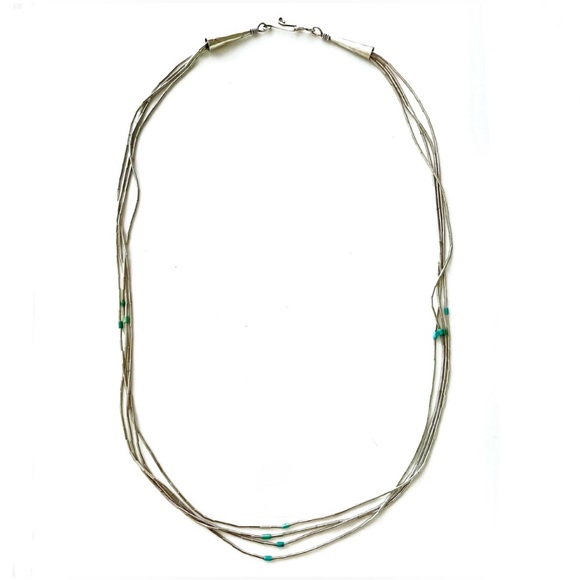 🗝️🪺Signed, Vintage 4 strand Liquid Silver Necklace with Turquoise accent beads - Picture 2 of 9
